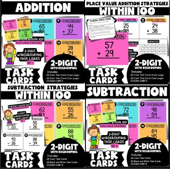 2-Digit Add & Subtract with Regrouping Task Cards | Place Value Strategies