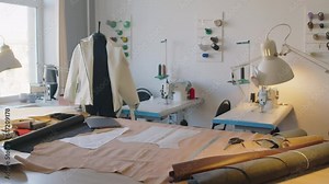 Full arc shot of table of pattern cutter at atelier, with pattern cutouts on large piece of leather, unfinished white jacket on tailoring dummy, and professional sewing machines in background