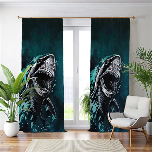 Great White Shark Window Curtains, Ocean Predator Nursery Drapes, Deep Sea Blue Bedroom Decor Curtains ,teen Room Curtains - Etsy