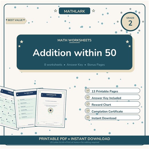 Addition Within 50 Math Practice | Grade 2 Printable PDF Pack - Etsy