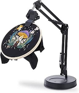BERYA Embroidery Hoop Stand, Adjustable Embroidery Hoop Holder, Folding Metal Embroidery Stand, 360 Rotated Cross Stitch Stand Suitable for Embroidery Hoops, Phone Holder Black