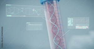 Medical sample tube with blood analysis in the laboratory. DNA sequence is sequenced and data determined, digital animation