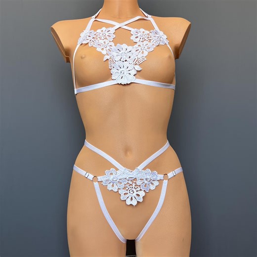 White Bridal Open Crotch Lingerie for Wedding Night, Cupless Bra With Crotchless Panties, Open Cup Body Harness Plus Size Erotic Underwear - Etsy