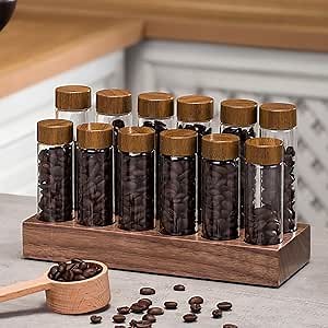 Coffee Bean Storage,Coffee Storage Container with Walnut Solid Wood Base,Coffee Bean Container,12 Tubes Single Dose with Wooden Holder(Type 2)