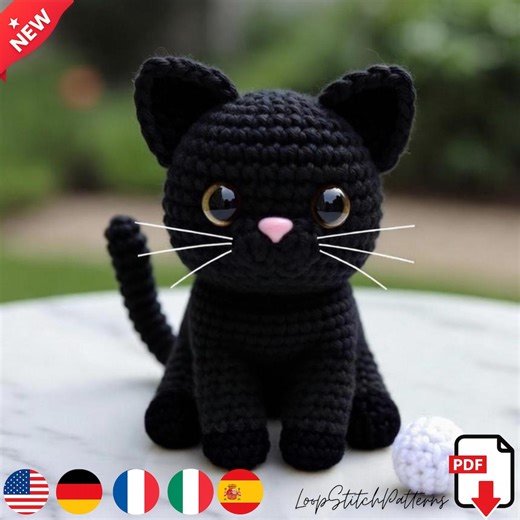 Gato Negro Amigurumi – Patrón de Crochet – Tutorial Fácil de Peluche DIY, Lindo Animal de Peluche Kawaii, Descarga PDF. - Etsy México