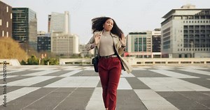Business woman, excited and dance in street, celebration or happy for good news, bonus and promotion in cbd. Entrepreneur, walk and energy for winning on sidewalk, city and success in trading career
