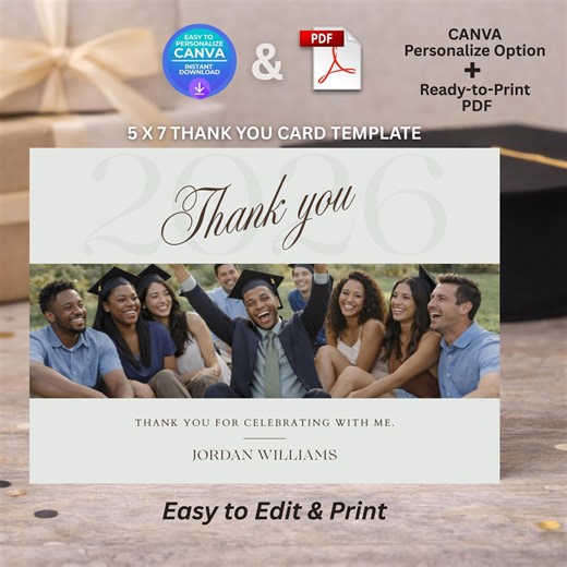 Editable Graduation Photo Thank You Card, Sage Canva Template, Instant Download - Etsy