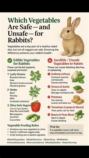 Which Vegetables Are Safe — and Unsafe — for Rabbits? Vegetables are a key part of a healthy rabbit diet, but not all veggies are safe. Knowing the difference protects your rabbit’s health 👇 ✅ Edible Vegetables for Rabbits These can be fed regularly (washed and fresh). 1. Leafy Greens Romaine lettuce Kale Spinach (small amounts) Mustard greens 2. Herbs Basil Parsley Mint Coriander (cilantro) 3. Other Safe Vegetables Carrot tops (better than the carrot itself) Bell peppers Zucchini Cucumber Broc