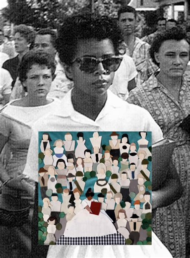 Elizabeth Eckfords Long Walk, 2025 12”x12”x1.5” Mixed Media Materials on Canvas Elizabeth Eckfords first day at a white high school in 1957. This is how it went. #littlerocknine #blackhistorymonth #mixedmediaart #artist #mixedmedia