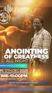 The Word Synagogue 🗓️ Date: Friday, 12th December 2025 ⏰ Time: 19:00 PM (7:00 PM) 📍 Venue: TWS Auditorium, Gakuto, Botswana ❗❗❗❗Bring your own bottle of extra virgin olive oil ❗❗❗❗ . . . . . . . . . . . . . . . . . . . . . . . . . . . . . . #therisendaniel_apostleanthony #trd_bw #aag_bw #agnes_adelaide_grace_page #destinytlotso #tsenamerchandise #agnes_adelaide_grace #BWMindsetChange #jml_bw #reelsfypシ #TsenaJeso #destinytlotso #botswanawildlife #botswanasafari #Botswana #steizho #dumaboko #ag