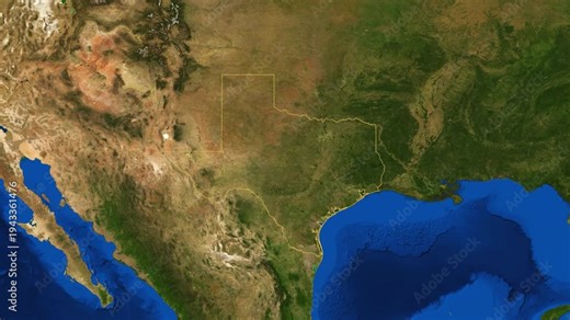 Texas high resolution 4k satellite earth map zoom cinematic animation 3d drop shadow highlighting American state borders for US travel tourism geography and geopolitical national news broadcast