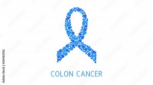 Colon cancer awareness animation. Blue ribbon made of dots on white background. Rectum disease medical concept. Motion graphics.