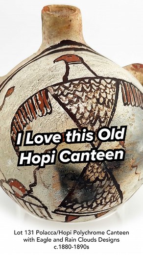 This 1880-1890s Hopi canteen is something special. It’s painted with beautiful imagery of an eagle, rain clouds, and corn motifs and is made with in the polacca style. Polacca is classic Hopi type of pottery, and is identifiable by the crazing or craquelure on the surface. The fact that this piece is still intact after almost 130 years is something to celebrate. This piece and many more historically significant works are available in our May 3rd - May 17th Fine Art Auction. Visit our website to