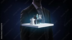 When the businessman touches smart office. The voice assistant gives orders and the AI Secretary robot scans, prints, and delivers the documents. 4k animation.