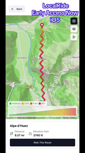 New LocalRide feature coming 👀 Ride the Alpe d’Huez climb indoors, compete on the global leaderboard, and see where you rank against cyclists around the world. Train on real cycling routes with your smart trainer. Early access on the Apple App Store. #IndoorCycling #AlpeDHuez #CyclingTraining #SmartTrainer #CyclingApp