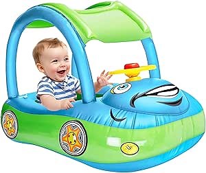 iGeeKid Inflatable Baby Pool Float with Canopy, Safty Seat for Infant Baby Swim Float Rings Car Shaped Swimming Pool Floaties for Babies Toddler Age of 6-36 Months (Light Blue)