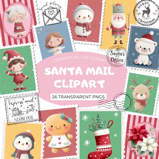 Santa Mail Clipart, Cute Christmas Stamps, Santa Letter Illustrations, Printable Digital Download for Crafts - Etsy