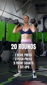 20 Rounds 👊 Post your time! 1 Devil Press 3 Double DB Push Press 5 Double DB Front Squat 7 Toe To Bar or Butterfly Sit-Ups ✅ Save this workout for later! #dumbbellworkout #dumbbell #dumbbellfitness #garageworkout | OnlineWOD