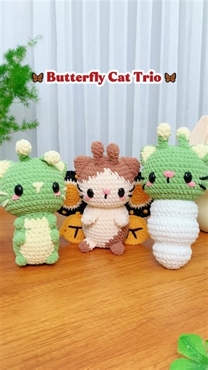Fuzzle Forms on Instagram: "I loved the idea of showing the butterfly journey, but instead of insects, I turned each stage into a cat 🐱🦋 Cocoon, wings, and transformation — all in one playful crochet trio. ✨ Use code: 70FFUZZLE — 70% off all patterns on Etsy! #crochetersofinstagram #crocheting #crochetpattern #amigurumi #yarnlove #crochetaddict #crochetlove #handmadewithlove #crochetinspo"