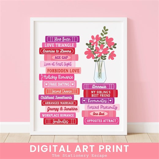 Romance Tropes Book Stack Digital Art Print, Bookish Wall Art, Printable Wall Art, Romance Novels, Love Story, Valentine's Gift, Book Lovers - Etsy