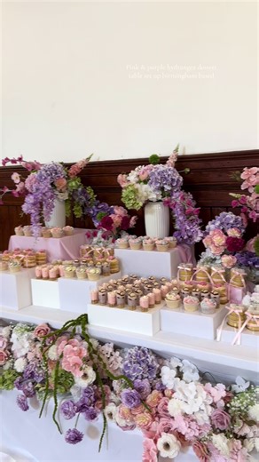 Pink & purple enchanted garden dessert table set up Dm @dessertsbyaayat on instagram for more information #desserttable #desserttsblehire #birminghamdesserttable #dessettablebirmingham