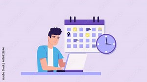Man character with laptop animation. Calendar and clock, Schedule planning concept. Time management and self organization. work-life balance, working time, Deadline and overwork. Cartoon style