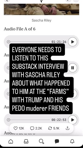 Beth Wilkas Feraco on Instagram: "NOT MY NORMAL CONTENT BUT THIS SHIT NEEDS TO GET OUT!! If you are not listening to this Substack interview with Sascha Riley about his experience with Trump and Epstein at the FARMS YOU NEED TO This is more frightening than anything you can ever fucking imagine This should make you very fucking angry and frightened If you tell me, you do not believe this and you think this is fake. You have issues go listen to the whole fucking thing. Get pissed get loud The Sub