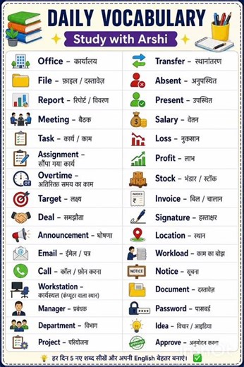 Daily Vocabulary Words in English & Hindi | Office Words | Study with Arshi