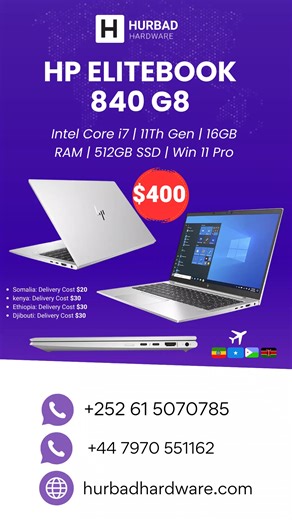 HP Elitebook 840 G8, 14″Fhd, Intel Core i7 11Th Gen, 16Gb Ram, 512Gb Ssd, Intel Iris Xᵉ Graphics, Win 11 Pro Hadda Dalbo: https://hurbadhardware.com/product/hp-elitebook-840-g8-14fhd-intel-core-i7-11th-gen-16gb-ram-512gb-ssd-intel-iris-xᵉ-graphics-win-11-pro/ 📱WhatsApp: https://wa.me/447970551162 🚚 waxaa hadda delivery loo samayn karaa ardeyda ama macaamiisha joogta wadamada geeska Africa sida Somalia, Djibouti, kenya iyo Ethiopia | Hurbad Institute of Technology