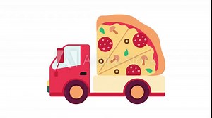 Delivery lorry with pizza animation. Animated fast food service truck 2D cartoon flat object. Pizzeria transport 4K video concept footage on white with alpha channel transparency for web design