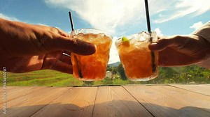 Couple Toast Cocktails Outdoors. Man and Woman Clinking Drinks Together on a Sunny Day in Nature Close Up. Active Unknown People Celebrate Cheering at Country Club Closeup. Luxury Evening Concept.