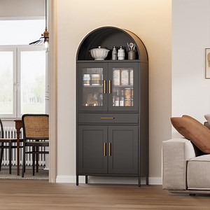 GANGMEI 73" Tal Metal Arched Storage Display Cabinet with 2 Drawers, Pantry, Curio Cabinet, Metal Arched Bookcase with Glass Doors, Assembly Required, Black