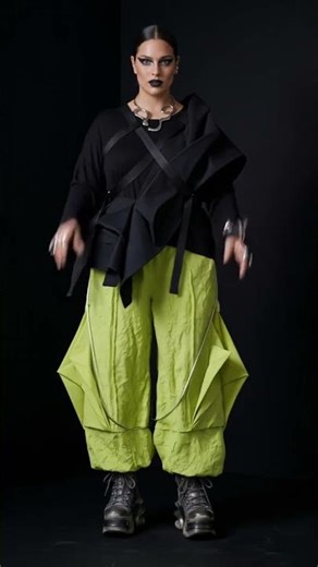 Avant-Garde Lime Green Look with Sculptural Folds and Harness Detail