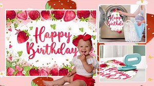 Mocsicka Strawberry Birthday Backdrop Strawberry Girl Happy Birthday Party Decorations Background Sweet One Girl Birthday Photography Backdrop Cake Table Decorations (5x3ft)
