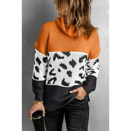 Women's Orange Turtleneck Splicing Chunky Knit Pullover Sweater - Walmart.ca