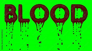 Animated a lot of blood dripping from all caps text blood. Blood droplets gets darker as they travel down, top and sides isolated. Green background. Stock Video