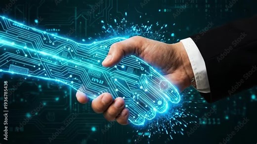Tech Handshake AI Partnership in Digital Age with Glowing Circuitry.