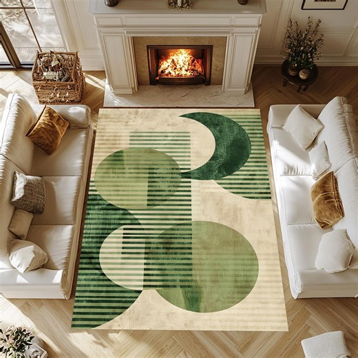 Green Mid-century Modern Rug: Washable Velvet Area Carpet - Etsy