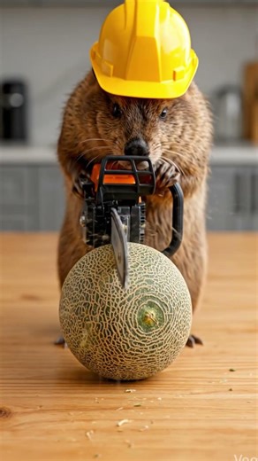 😯Beaver Construction Worker Cuts a Melon with a Chainsaw! Ultra Realistic AI Video.