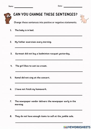 Positive and Negative Statement worksheet