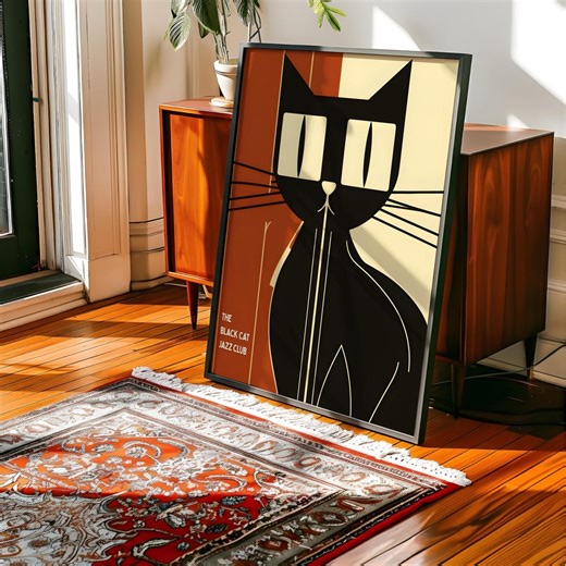 The Black Cat Jazz Club Print, Mid Century Modern Cat Poster, Retro Lounge Decor Print, Vintage Jazz Typography Art Digital Download - Etsy