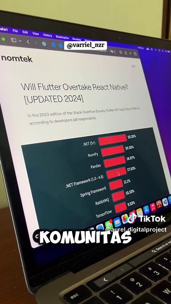 AuRel | Digital Project (@aurel.digitalproject) - Flutter vs React Native: Which is Better? - Flutter oleh Google, React Native oleh Facebook - Flutter pakai Dart, React Native pakai JavaScript - Performa dan komunitas keduanya luar biasa Pilih yang terbaik untuk projectmu dan jangan lupa follow untuk info lebih lanjut! #flutter #learning #freelance #programmer #softwaredeveloper #coding #programming