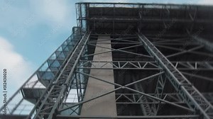 4k cinematic footage under steel arena structure. Under construction high building. Snow arena in Druskininkai.