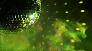 Part of rotating disco ball, multicolor light effect and smoke