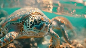 Turtle swimming in blue ocean. Beautiful Marine life tropical turtle in wild nature. Sea turtle slowly swimming in blue water through sunlight. wildlife. Underwater serene swimming 4k Stock Video