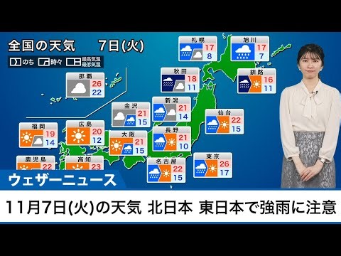 【11月7日(火)の天気予報】前線通過で北日本 東日本で雨風の強まりに注意