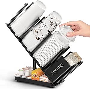 Coffee Station Organizer, Cup Dispenser Countertop, Cup and Lid Holder Metal 4 Compartment Coffee Condiment Storage for Bar Accessories, Disposable Paper Cups, Plastic Cups, Lids, Straws - Black