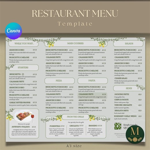 Mediterranean Bistro Restaurant Menu Template, Canva Edit and Print (420x314mm) Lemon Organic Digital Download - Etsy