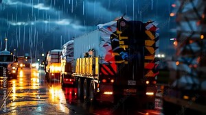 Trucks navigate a wet road, illuminated by city lights, while rain pours heavily, creating reflections on the asphalt and highlighting the night activity