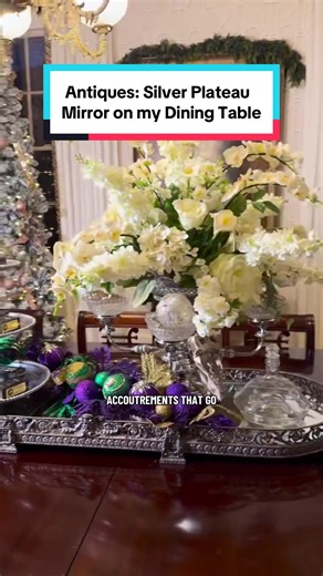 Y’all been askin’ about this gorgeous silver piece on my dining table… it’s called a plateau mirror (or surtout de tables… real fancy in French 🤌🇫🇷) and this one is SIX FEET of sparkle ✨ I acquired it through Neal Auction in New Orleans and she’s been the star of the show ever since! #southernstyle #antiques #silver #natchez #mississippi